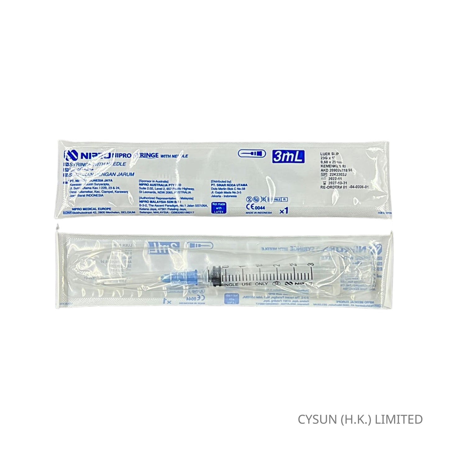 NIPRO 3ml 23Gx1" Luer Slip Syringe With Needle 直咀針筒連針咀 100支