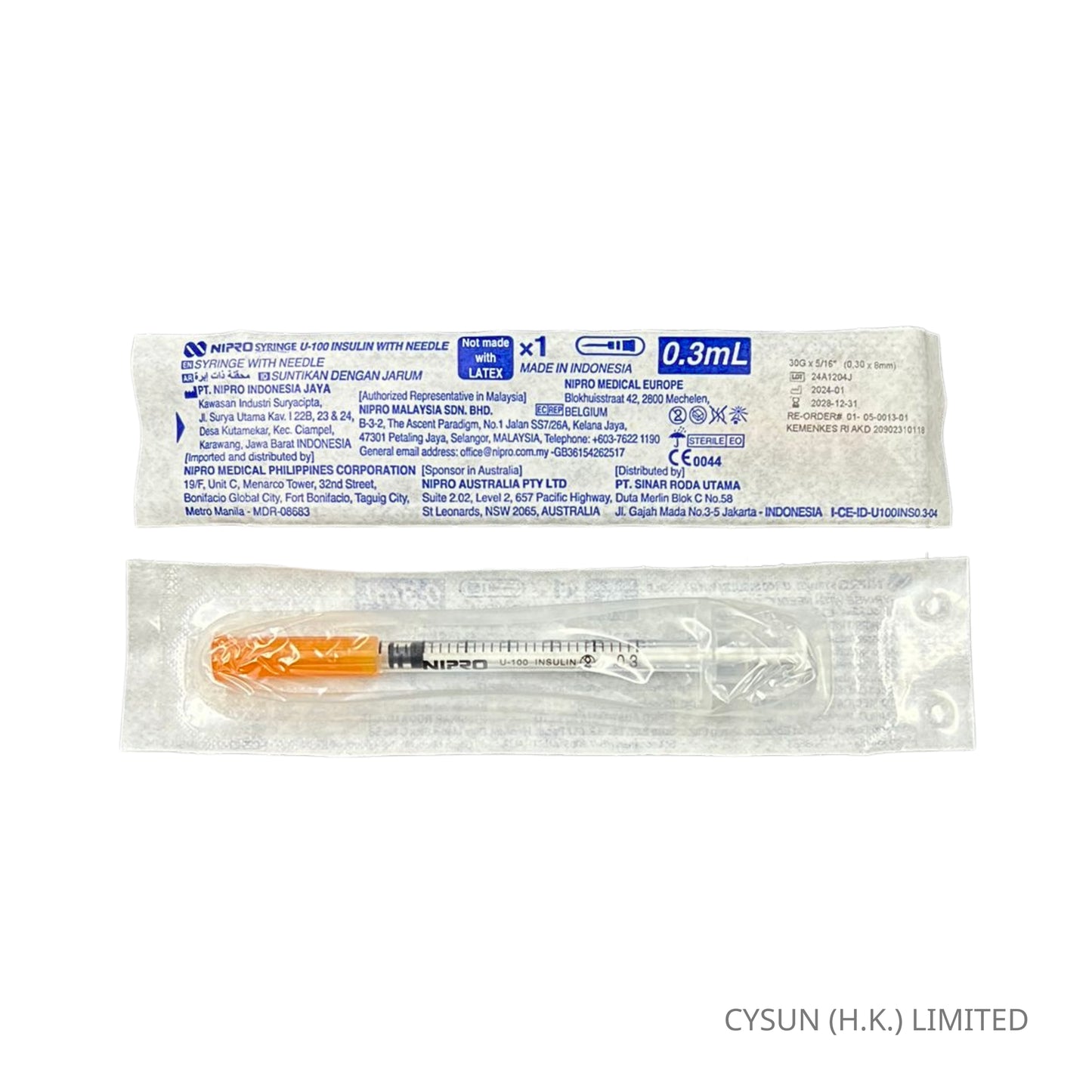 NIPRO U-100 3/10cc Insulin Syringe 0.3ml 30G x 5/16" 8mm 胰島素針筒連針咀 100支