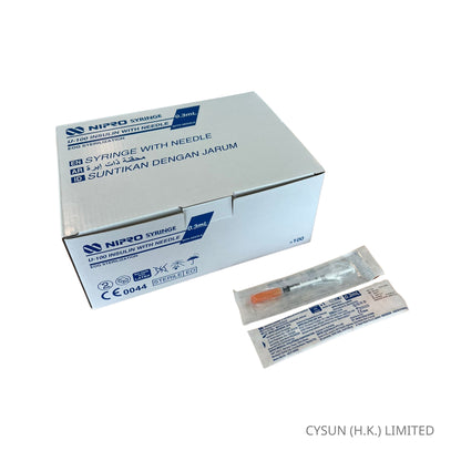 NIPRO U-100 3/10cc 胰島素針筒連針咀 Insulin Syringe 0.3ml 29G x 1/2" 13mm 1盒100支