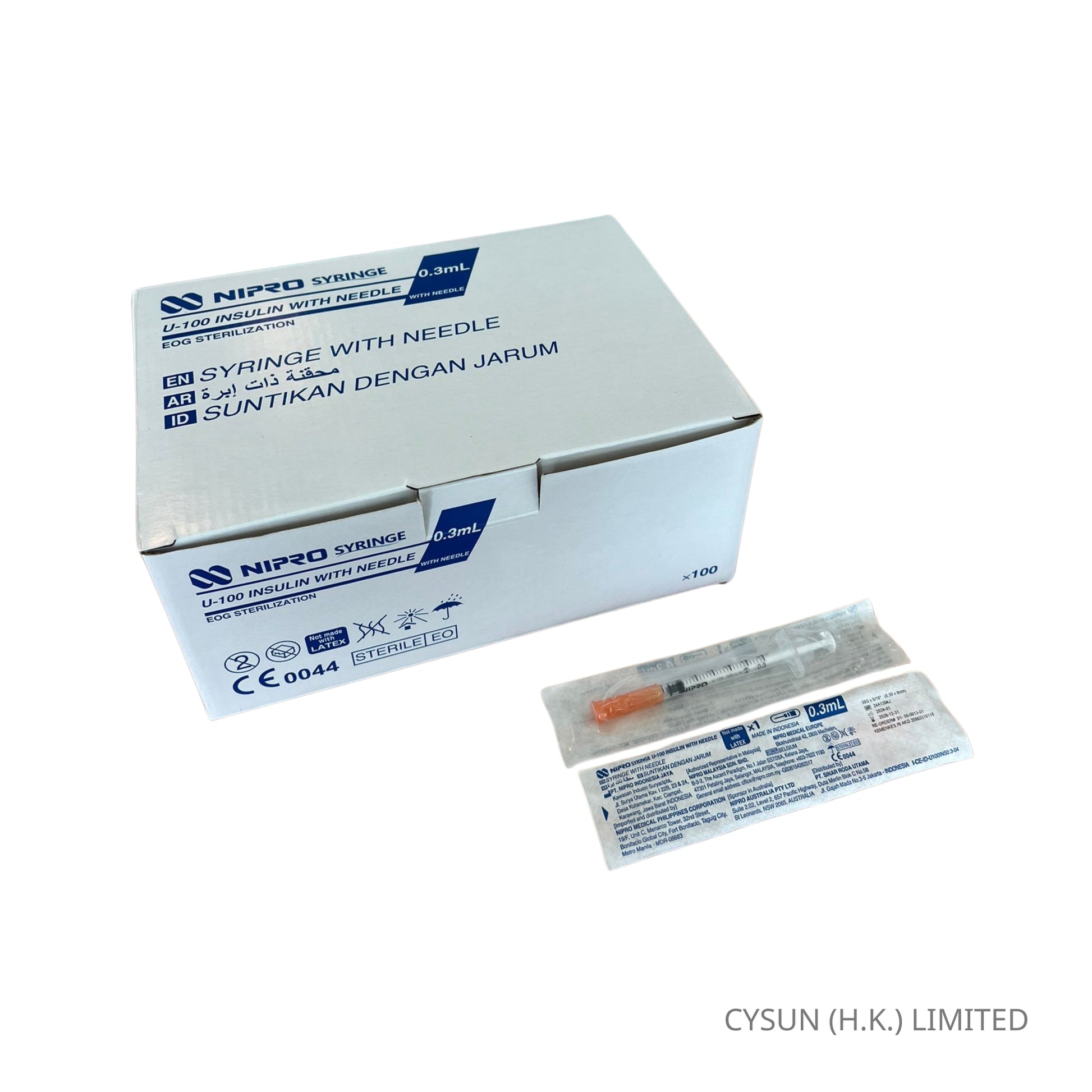 NIPRO U-100 3/10cc 胰島素針筒連針咀 Insulin Syringe 0.3ml 30G x 5/16" 8mm 1盒100支