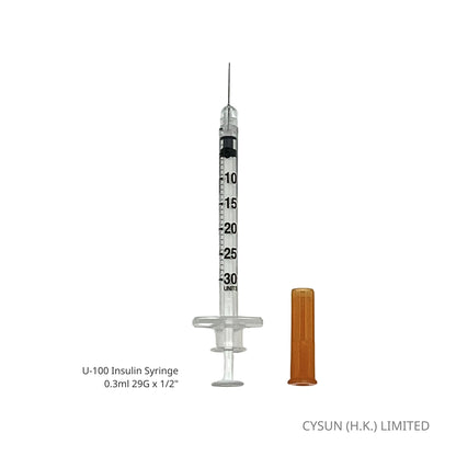 NIPRO U-100 3/10cc Insulin Syringe 0.3ml 29G x 1/2" 13mm 胰島素針筒連針咀 100支